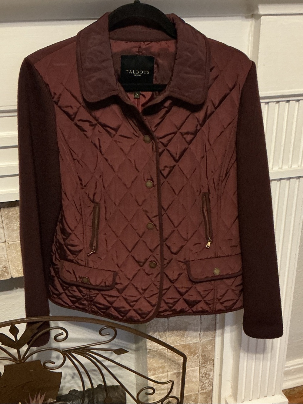 Talbots Quilted Jacket with Knit Sleeves in Deep Burgundy petite, medium